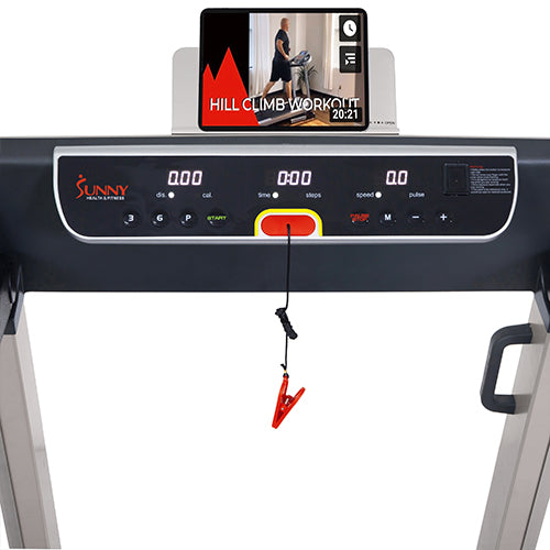 DEVICE HOLDER | Tablet holder (4.5L X 10H in) securely holds most tablets, iPads or mobile devices while you exercise. The collapsible holder can be flipped back or forward depending on how you will be storing your treadmill.